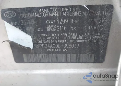 2011 Hyundai Sonata Gls z USA, uszkodzony, nr VIN 5NPEB4AC0BH098033